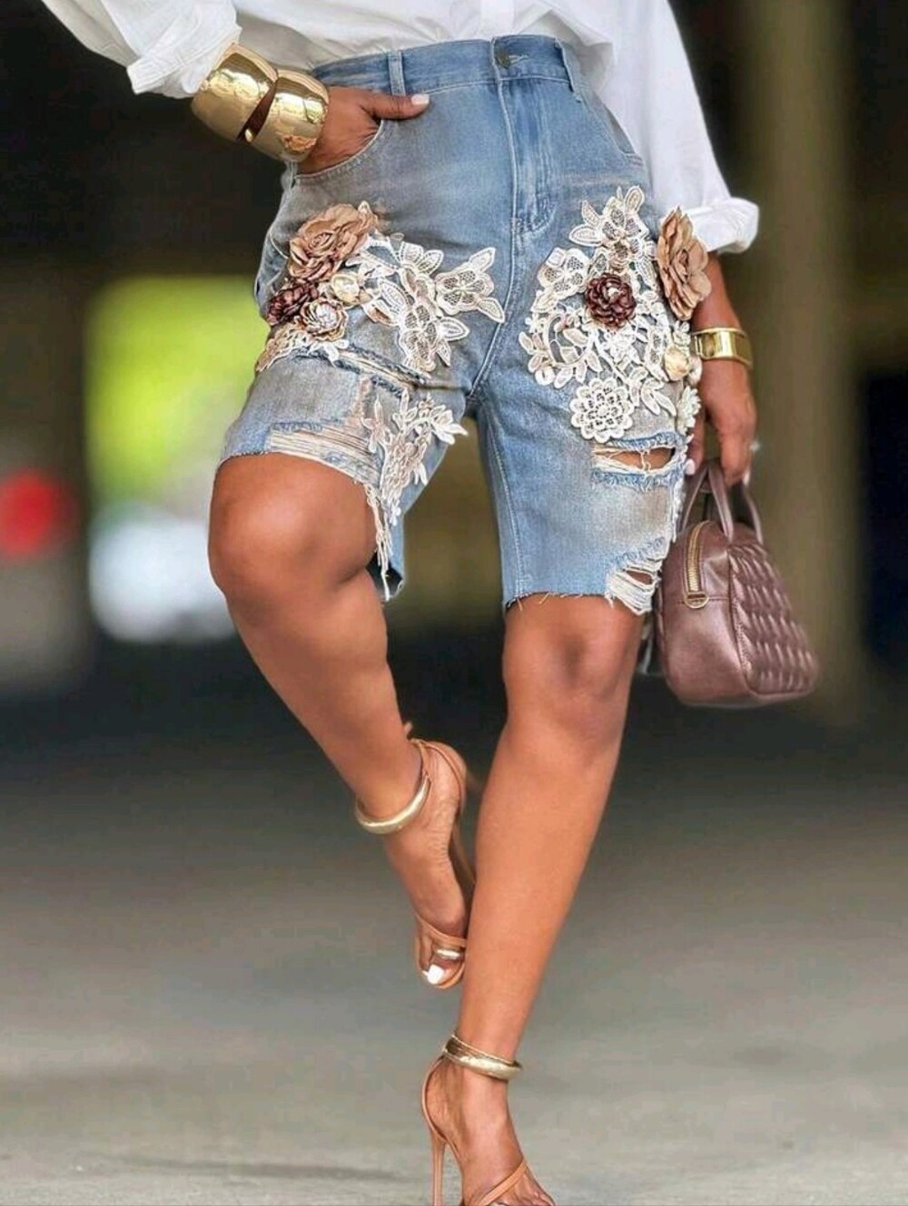 Women's Light Blue Denim Distressed Shorts - 3D Lace Flower - Picture 8 of 8